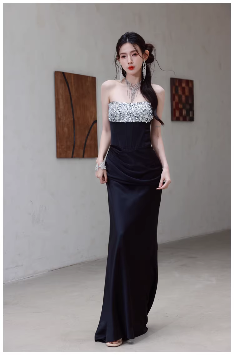 Fashion Black Strapless Satin Sequin Beaded Mermaid Evening Dress Long Wedding Guest Dress