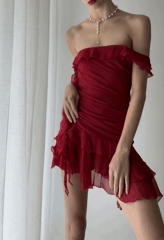 Irregular Off Shoulder Ruffle Red Short Party Dress Homecoming Dress