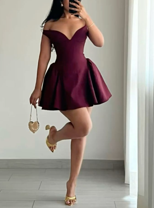Vintage Off The Shoulder Burgundy A Line Short Birthday Outfits Homecoming Dress