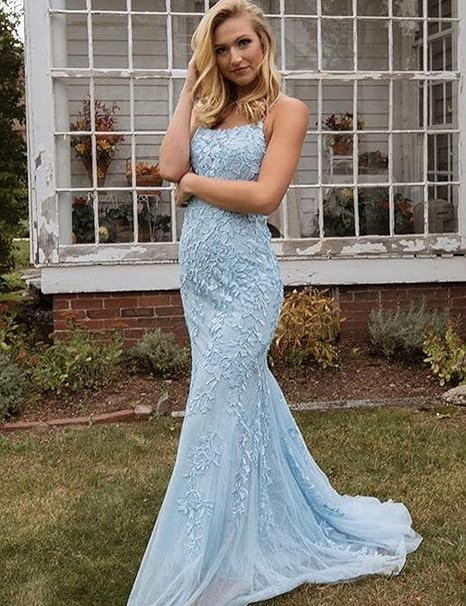 Pink Mermaid Lace Tulle Prom Dress Lace-up Back Evening Dress