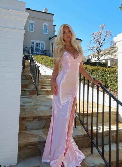 Pretty Pink Satin Appliques Mermaid Evening Dress,Spaghetti Straps Slit Prom Dress