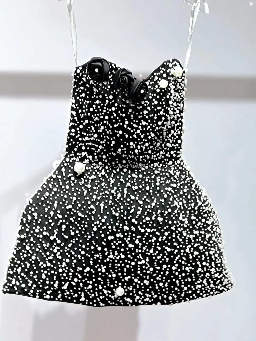 Gorgeous Strapless Black Satin Pearls Mini Birthday Outfits A Line Homecoming Dress