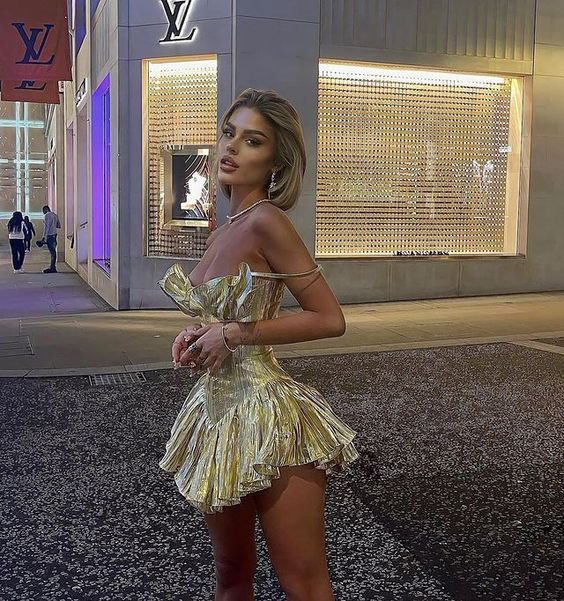 Vintage Gold Satin Pleated A Line Short Prom Dress Homecoming Dress