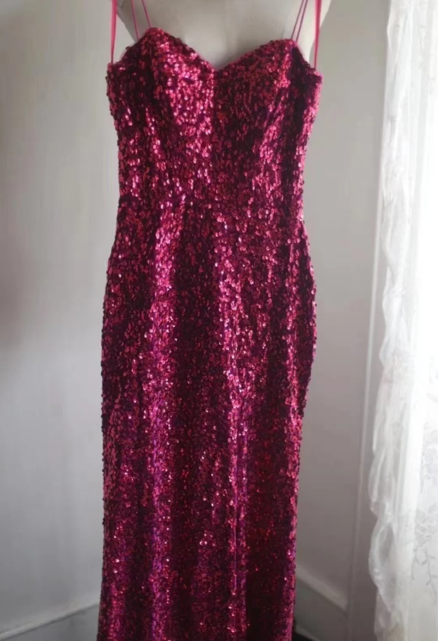 Sparkly Spaghetti Straps Hot Pink Sequin Mermaid Slit Evening Dress Long Wedding Guest Dress