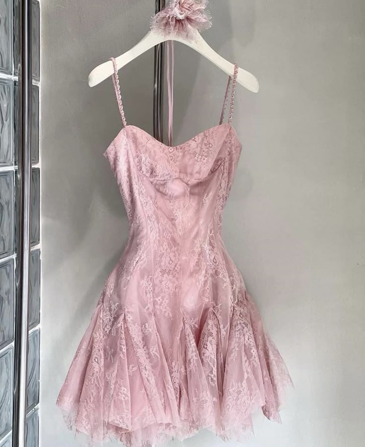 Sweet Spaghetti Straps Pink Lace A Line Homecoming Dress Mini Cocktail Dress