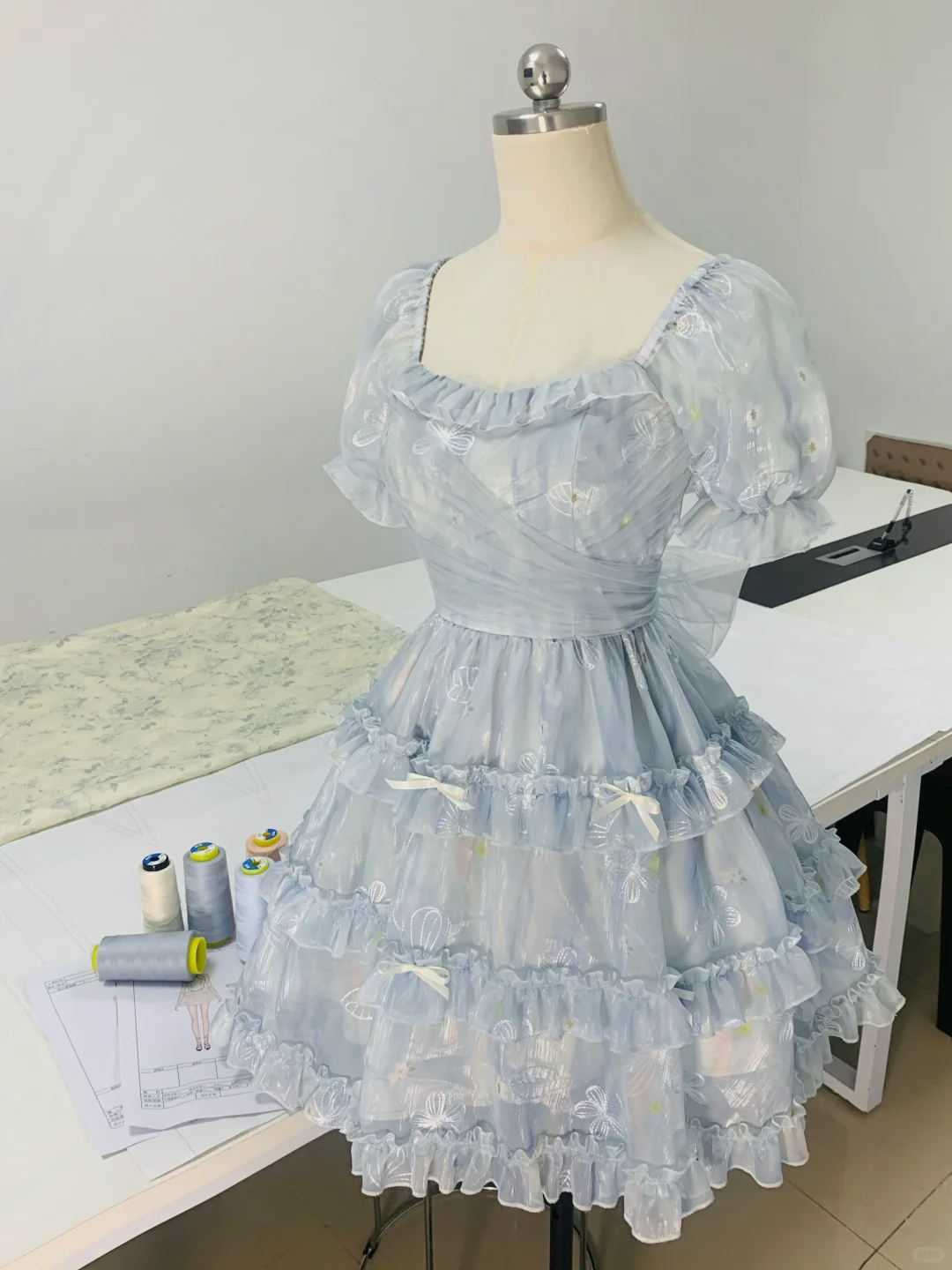 Cute Blue Square Neck Chiffon Print Floral Ruffles A Line Homeocming Dress Princess Bithday Outfits