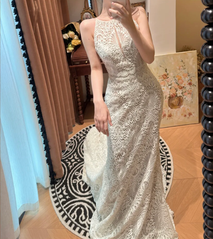 Retro Lace Sleeveless Mermaid Long Wedding Dress White Bridal Dresses