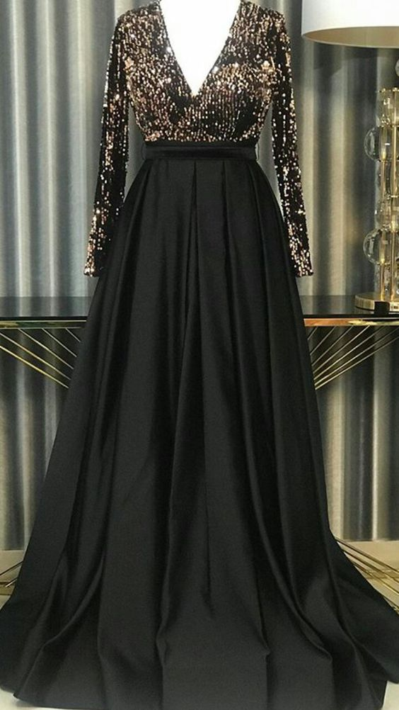 Chic Black A-line Long Sleeves Prom Dress,Black Formal Dress