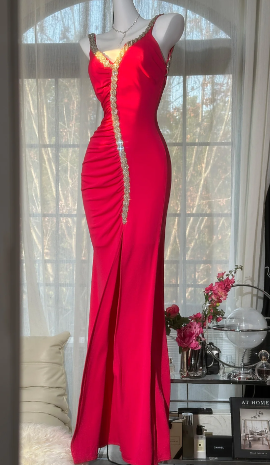 Pretty Spaghetti Straps Red V Neck Satin Beaded Mermaid Slit Evening Dress Long Party Gown