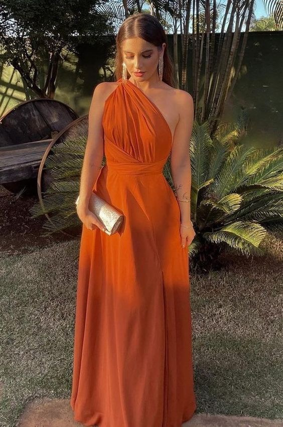 Simple One Shoulder Burnt Orange Long Evening Prom Dresses, Custom Prom Dress