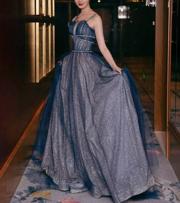Shiny tulle long A line prom dress blue evening dress