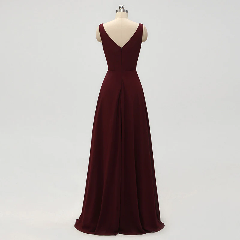 A-line V-neck Burgundy Chiffon Prom Dresses With Pleats