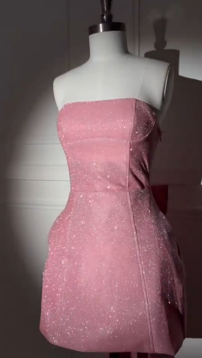 Elegant Strapless Pink Satin Sequin A Line Birthday Outfits Short Graduation Homecoming Dress With Bow