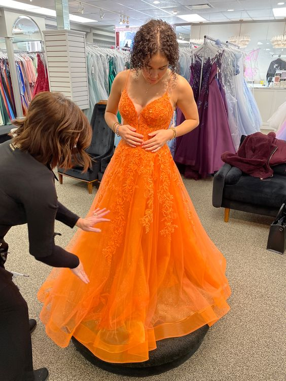 Orange V Neck Tulle Lace Appliques Long Prom Dress