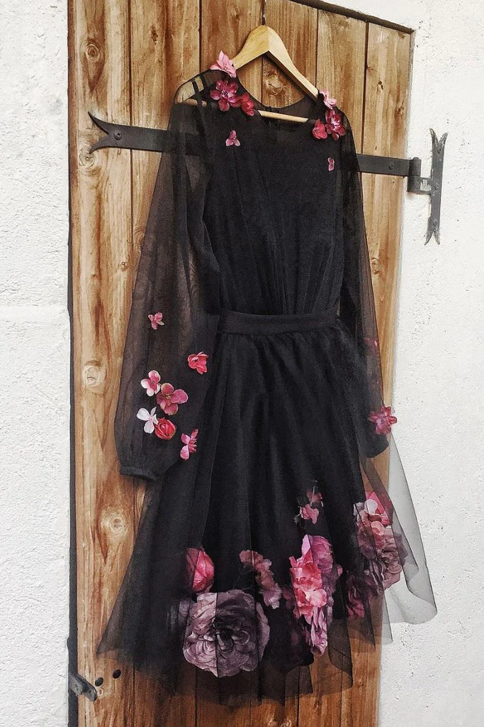 Black round neck tulle short dress, black homecoming dress