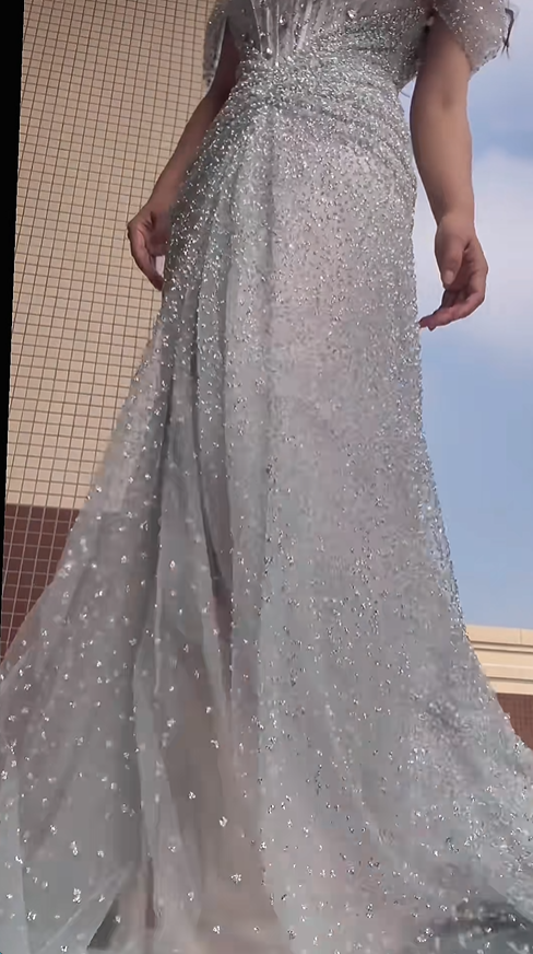Sparkly Silver Tulle Sequin Beaded Mermaid Long Evening Dress Off The Shoulder Birthday Party Dress