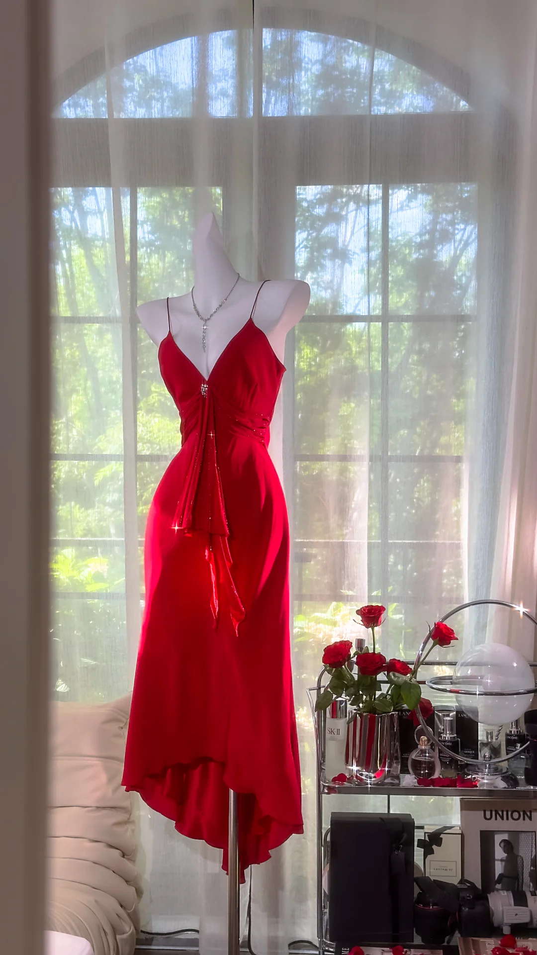 Pretty V Neck Red Birthday Party Dress Spaghetti Straps Mermaid Evening Dress