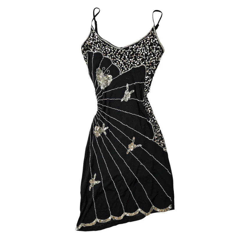 Vintage Black Strapless Butterfly Sequin Birthday Short Skirt Homecoming Dress