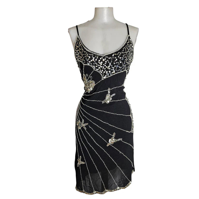 Vintage Black Strapless Butterfly Sequin Birthday Short Skirt Homecoming Dress