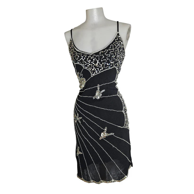 Vintage Black Strapless Butterfly Sequin Birthday Short Skirt Homecoming Dress