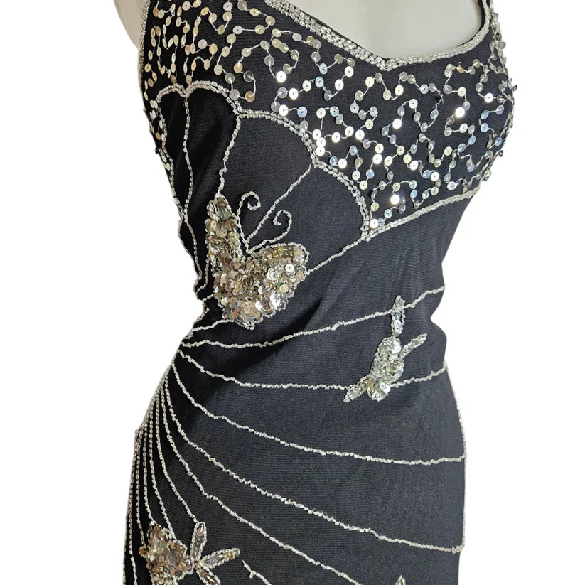 Vintage Black Strapless Butterfly Sequin Birthday Short Skirt Homecoming Dress