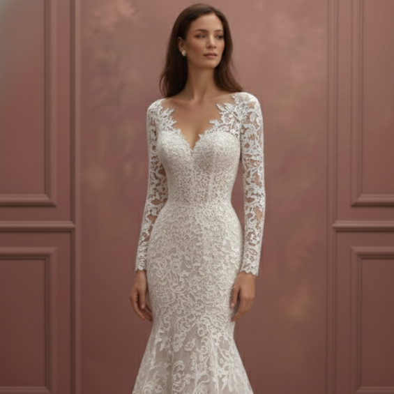 Plunging V-Neck Sleeve Wedding Dress Long Lace Mermaid Gown