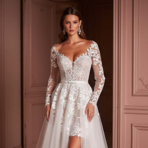 Plus Size Sleeve Wedding Dress Lace Applique Short Tulle Gown