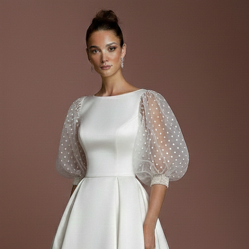 Polka Dot Sleeve Wedding Dress Long Tulle Fun Classic Gown