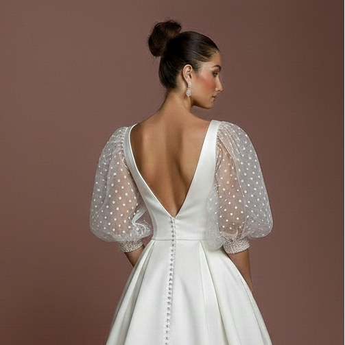 Polka Dot Sleeve Wedding Dress Long Tulle Fun Classic Gown