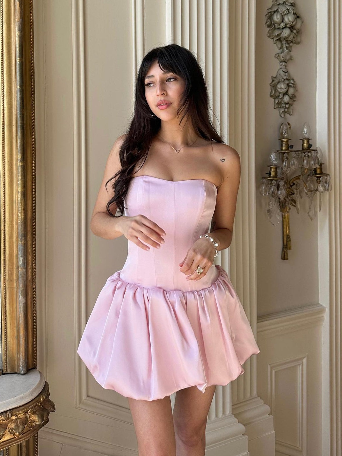 Pretty A Line Strapless Pink Satin Short Homecoming Dress with Criss Cross Back