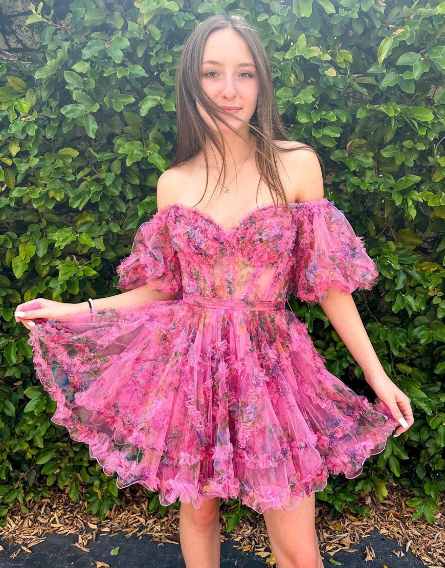 Cute A-Line Off The Shoulder Short Tulle Print Homecoming Dress
