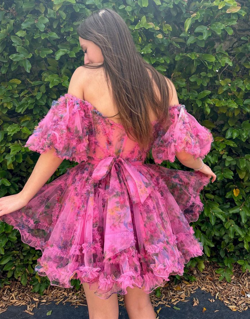 Cute A-Line Off The Shoulder Short Tulle Print Homecoming Dress