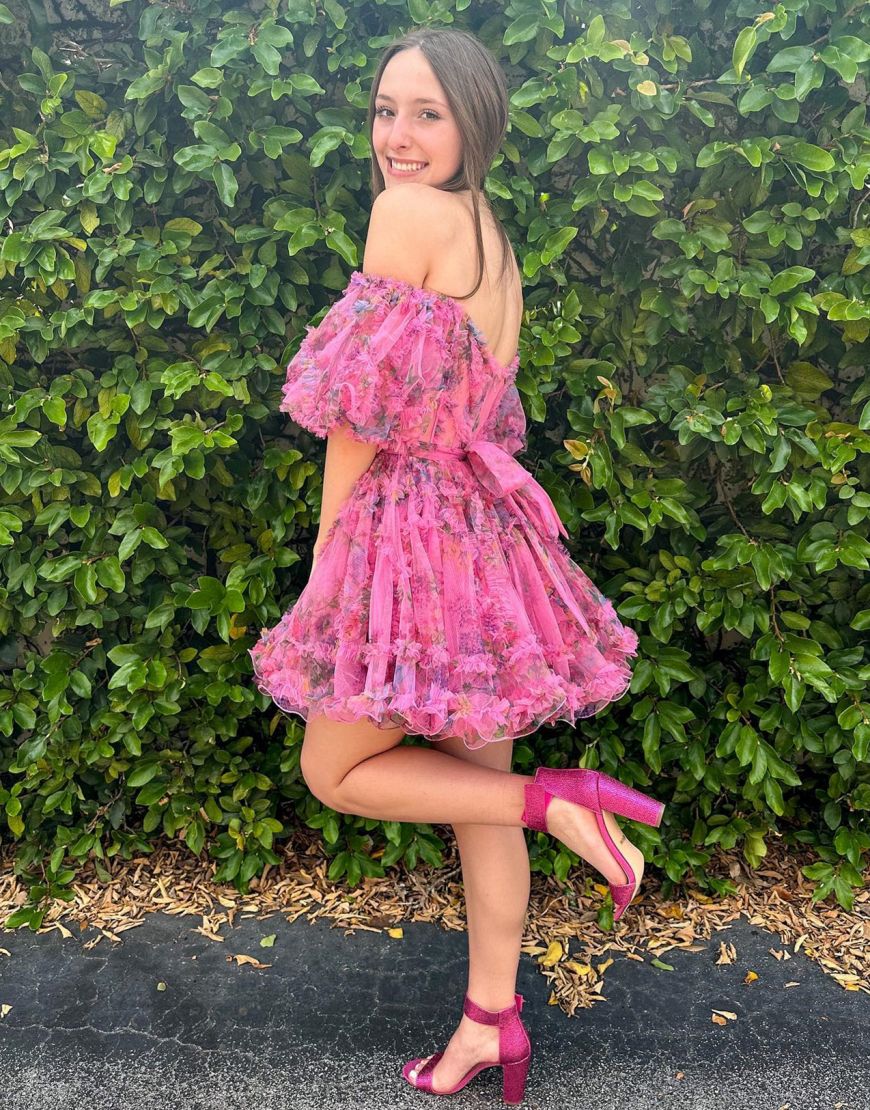 Cute A-Line Off The Shoulder Short Tulle Print Homecoming Dress