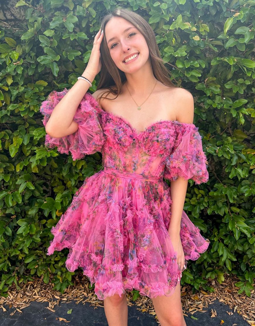 Cute A-Line Off The Shoulder Short Tulle Print Homecoming Dress