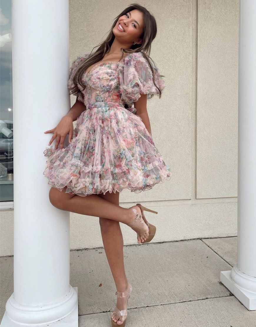 Cute A-Line Off The Shoulder Short Tulle Print Homecoming Dress