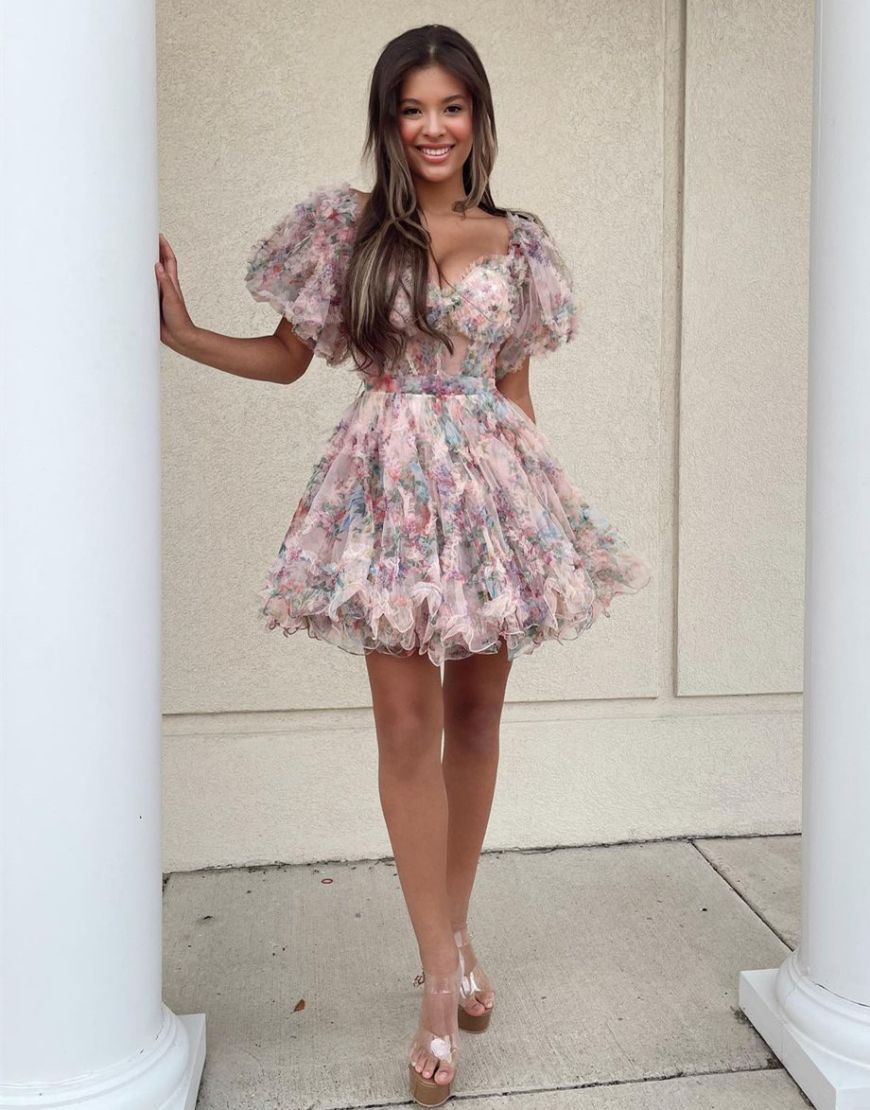 Cute A-Line Off The Shoulder Short Tulle Print Homecoming Dress