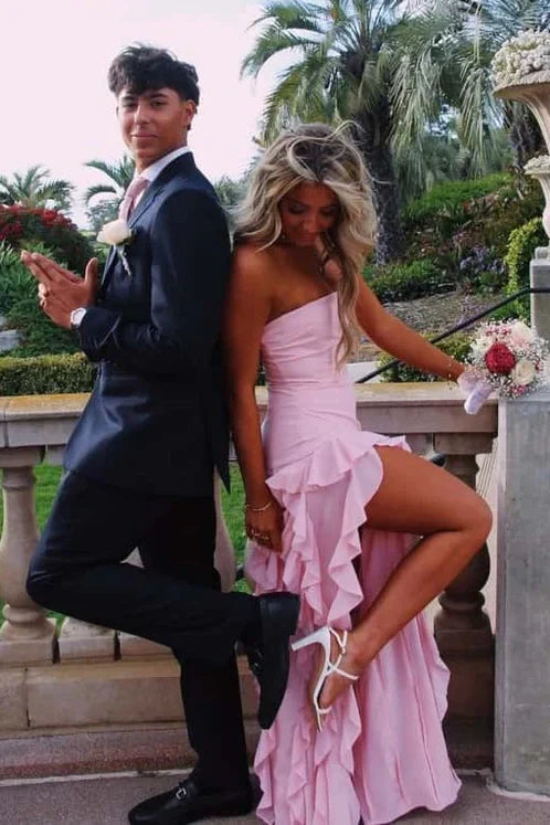 Pretty Sheath Strapless Pink Long Party Dress with Ruffles Split Front