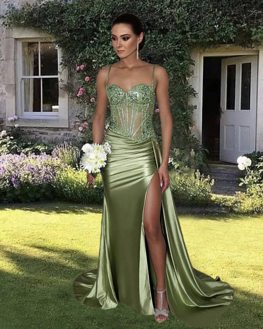 Pretty Mermaid Spaghetti Straps Sage Green Long Satin Prom Dresses Formal Evening Dress