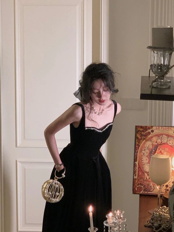 Vintage Black Velvet A Line Party Dress Long Elegant Evening Gown Prom Dress
