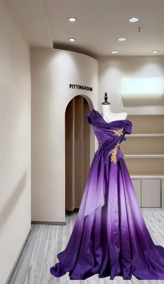 Fashion Off The Shoulder Ombre Purple Satin Pleated Long Prom Dress Evening Dress