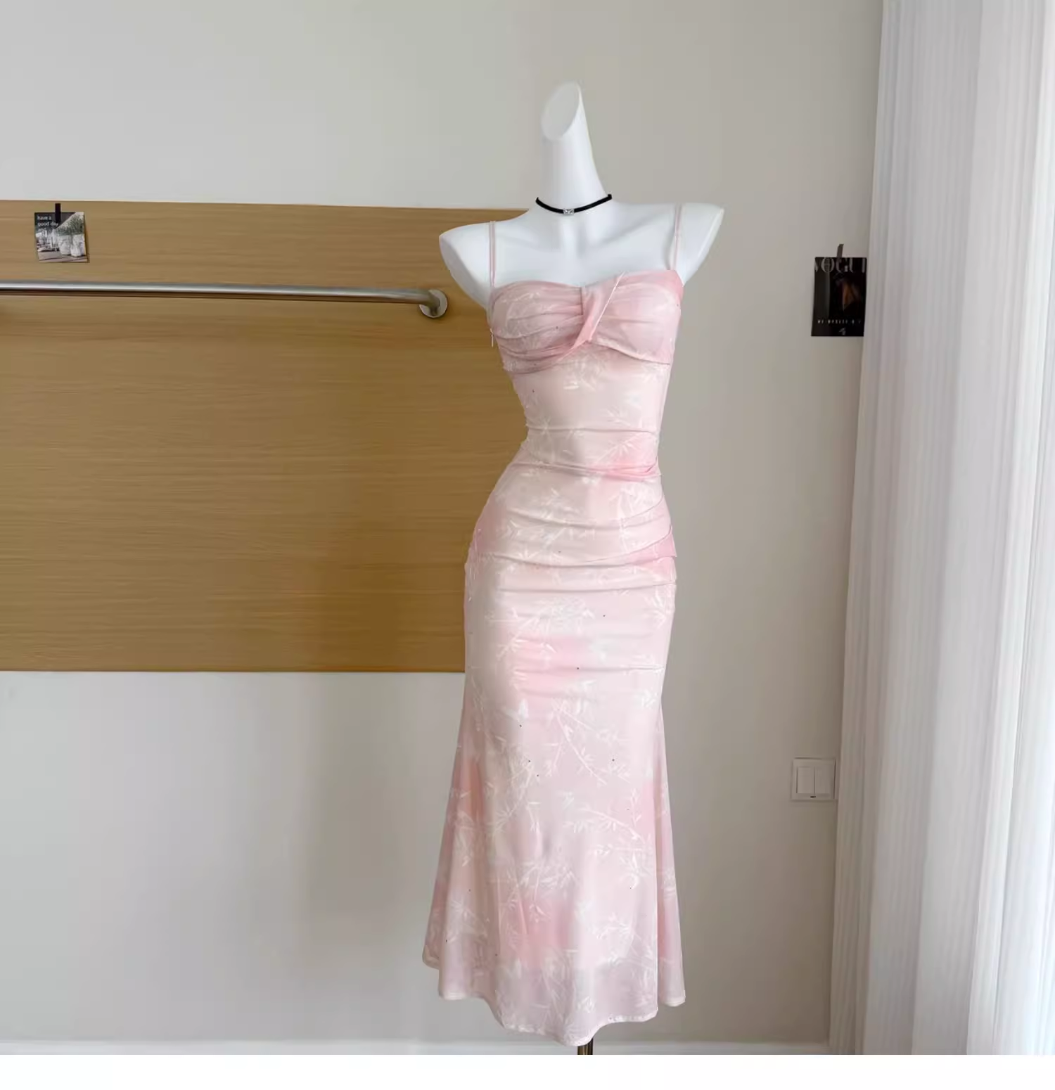 Pink Floral Suspender Dress Sexy Waist Beautiful Long Vacation Dress