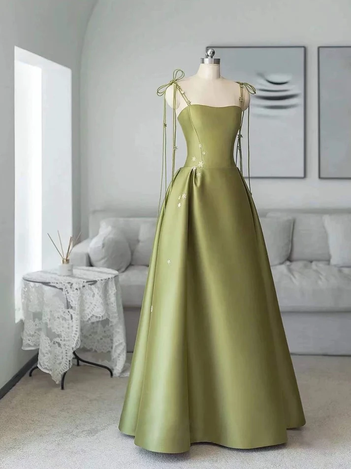 Simple A Line Green Satin Prom Dress Spaghetti Straps Long Party Evening Dress