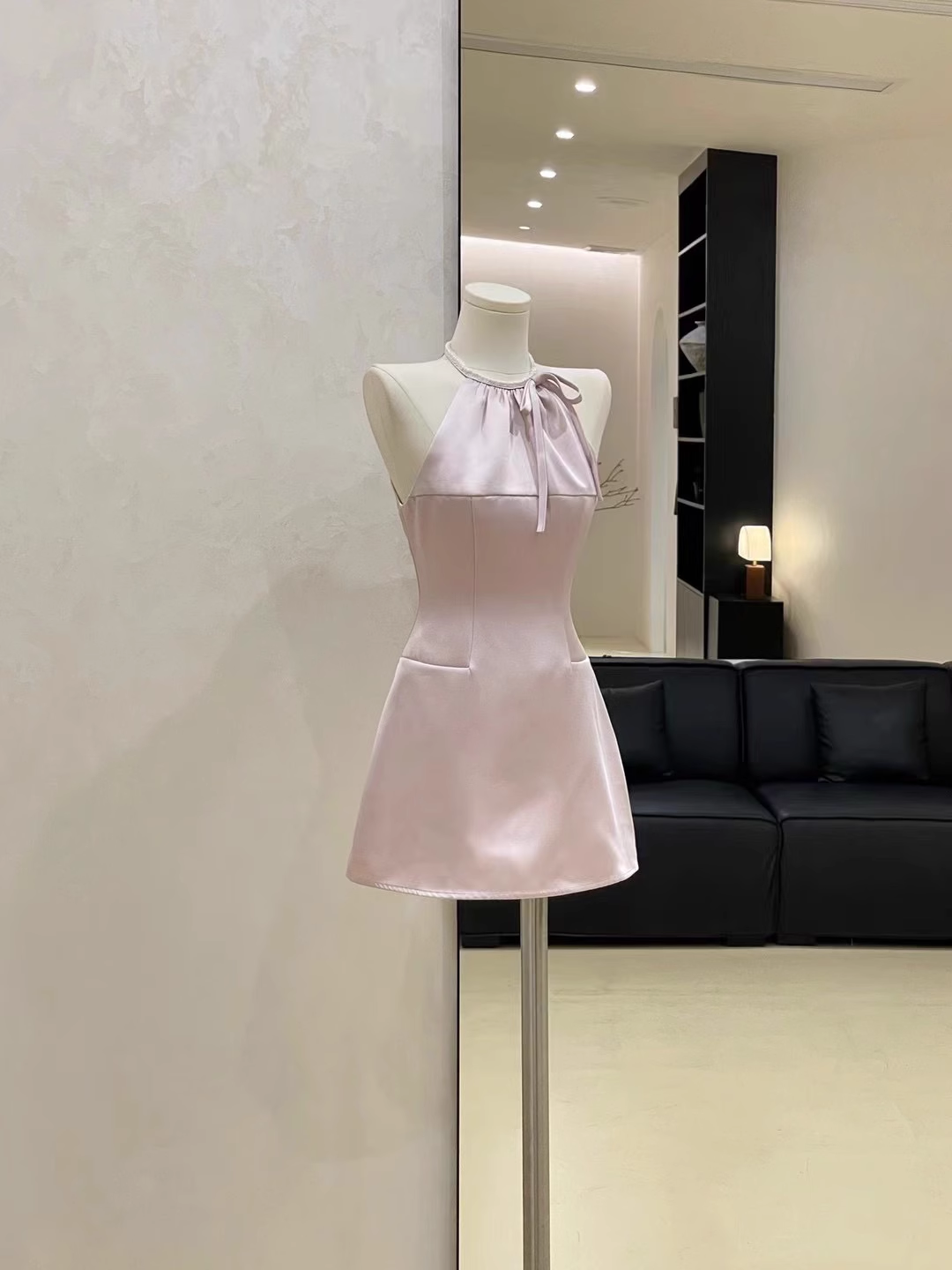 Pink Satin Halter Neck Holiday Dress A-Line Mini Party Dress