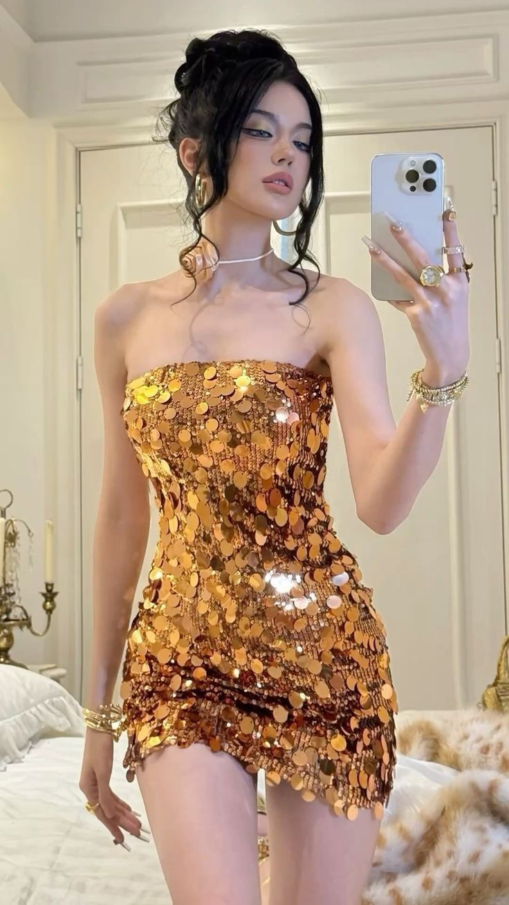 Gorgeous Gold Sequin Strapless Sheath Homecoming Dress Mini Birthday Dress