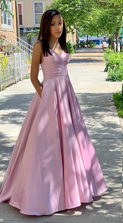 Classic Pink A-line Prom Dress With Pockets,Pink Dance Dress
