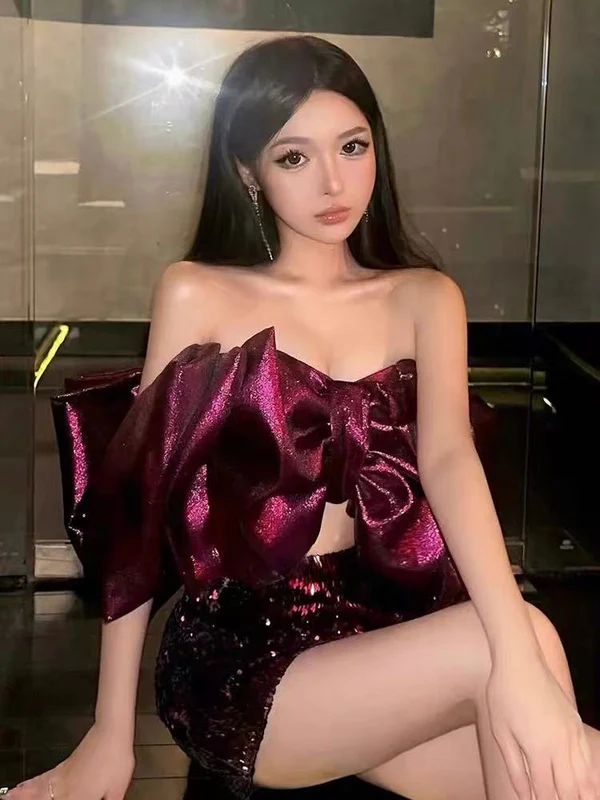 Sexy Bow Strapless Burgundy Satin Sequin Sheath Cocktail Dress Short Homecoming Dress