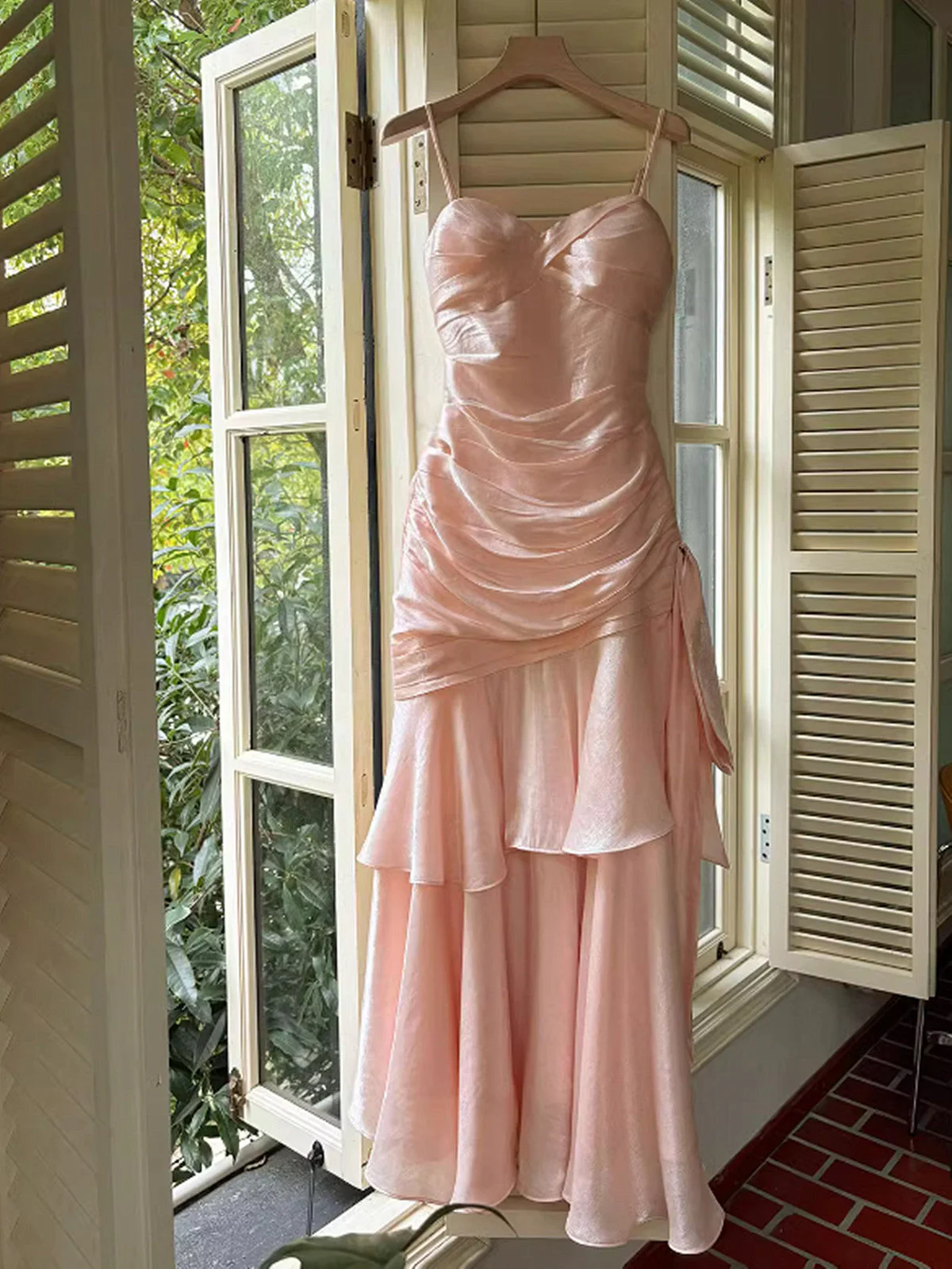 Elegant Pink Mermaid Evening Dress,Spaghetti Straps Satin Tiered Prom Dress
