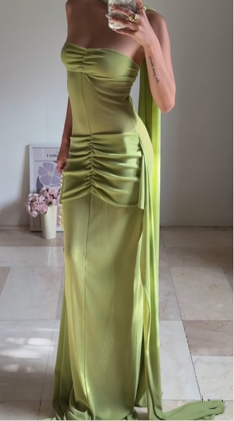 Elegant Green Strapless Ruched Party Dress,Long Prom Evening Dress