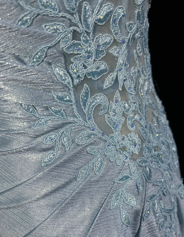 Elegant Spaghetti Straps Blue Satin Appliques Sequin Mermaid Long Wedding Guest Dress Evening Dress