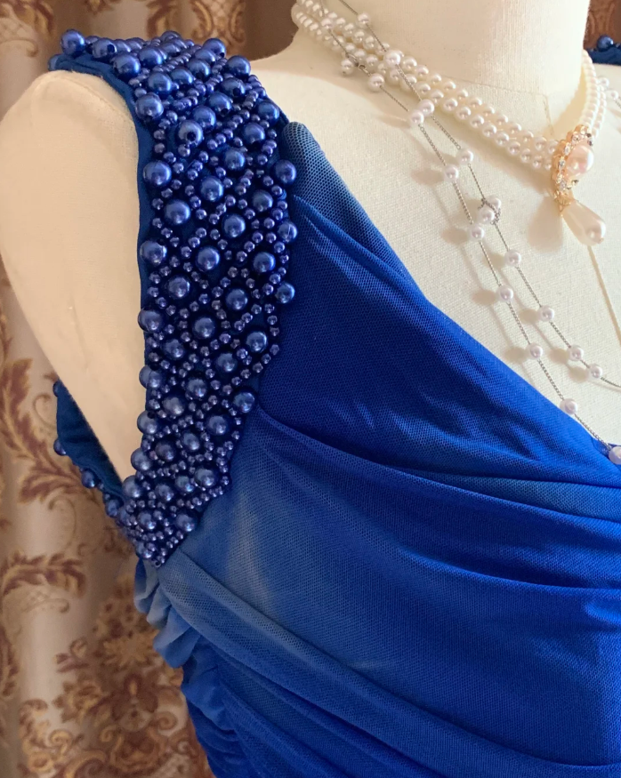 Sexy Royal Blue Tulle Pleated Beaded Mermaid Long Wedding Guest Dress Evening Dress